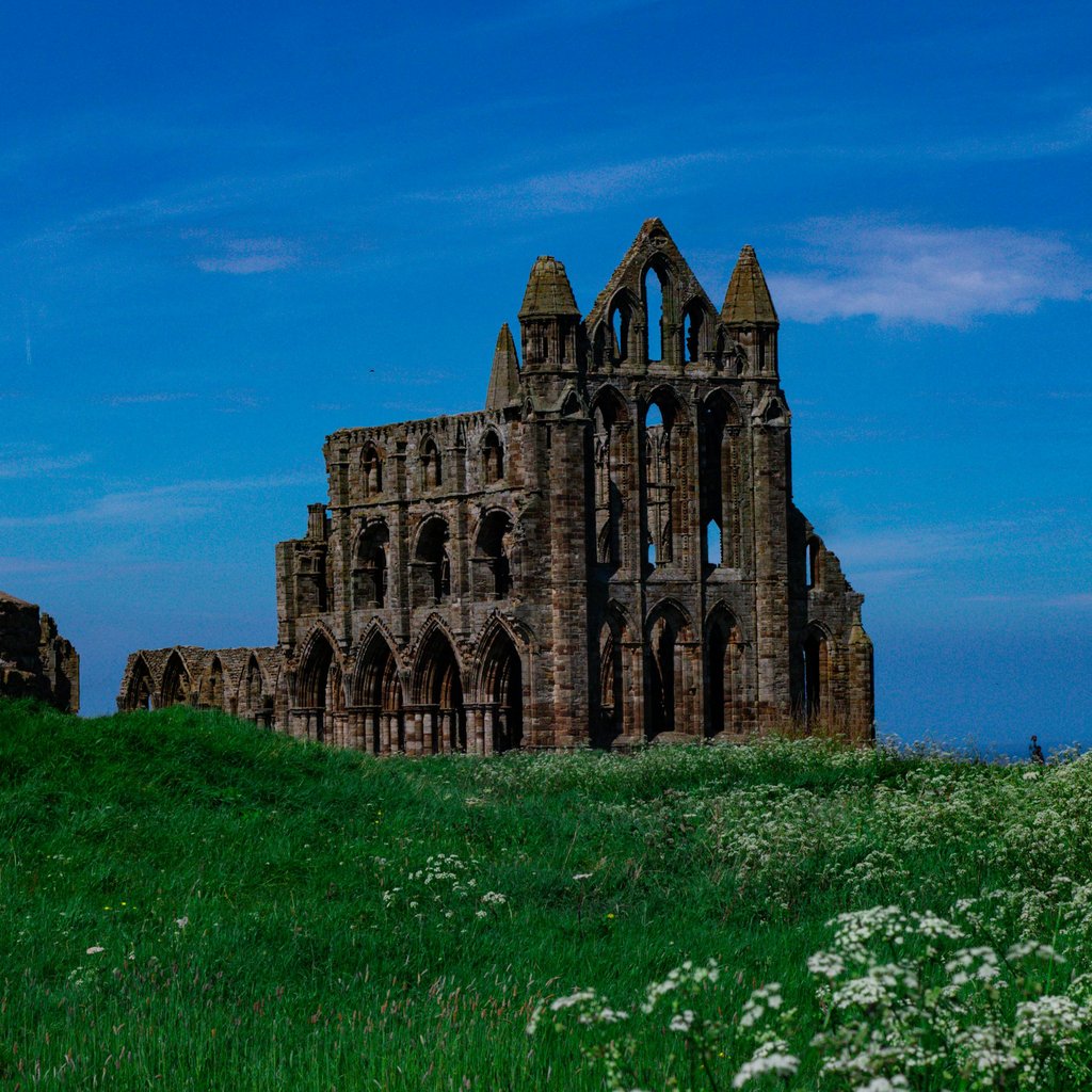 Stunning view of Whitby Abbey ruins with vibrant blue sky and lush green field.