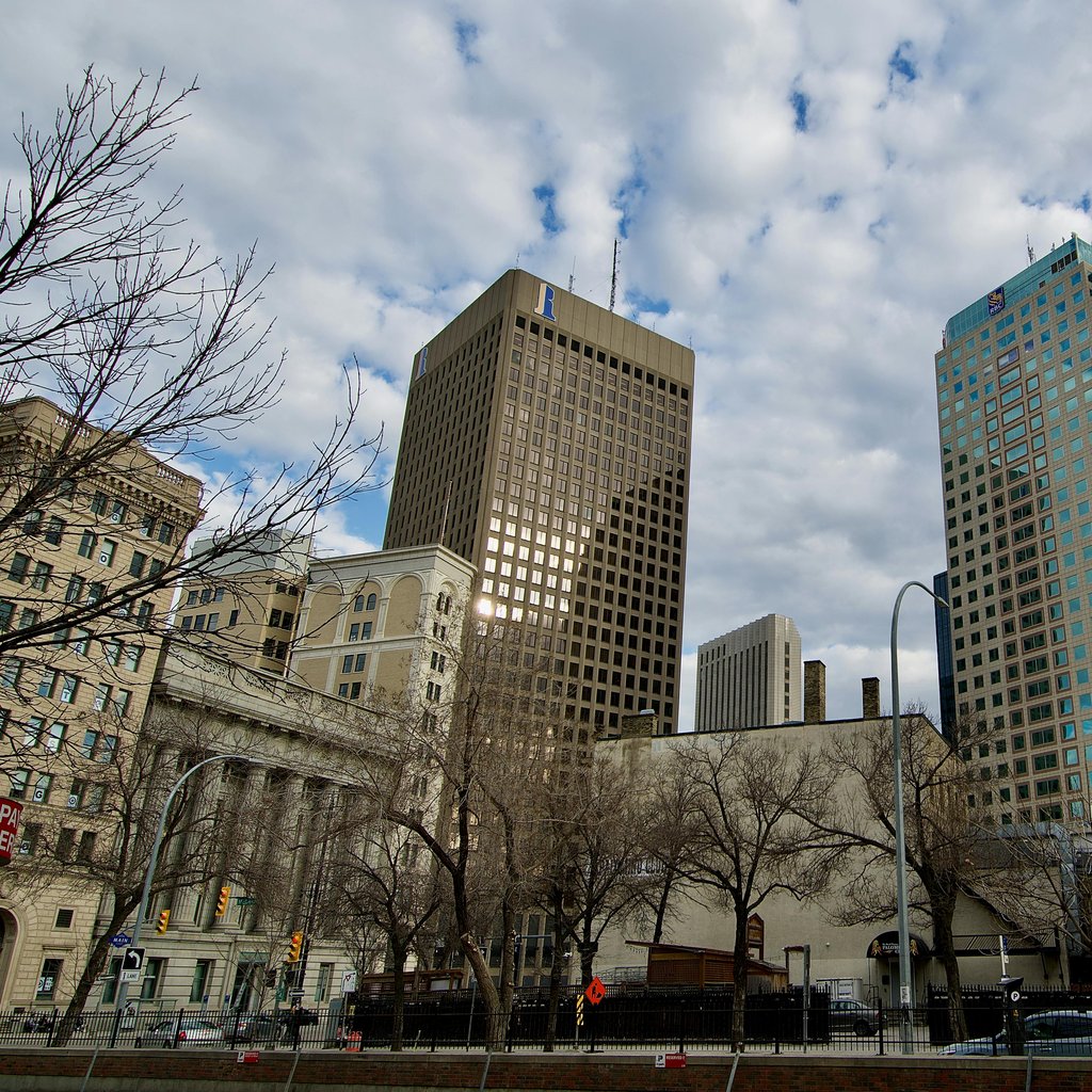 Scenic view of downtown Winnipeg, capturing modern and historical architecture beneath a cloudy sky.