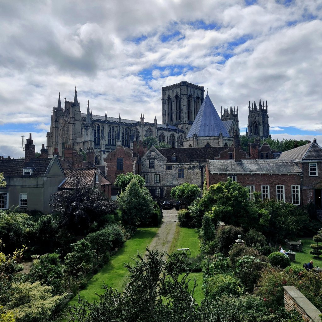 A breathtaking view of York Minster's gothic architecture from a nearby garden.
