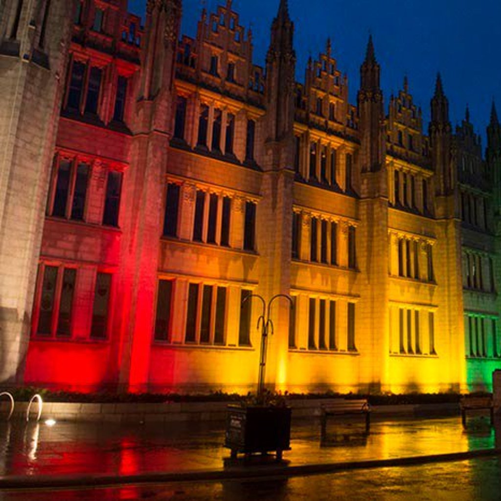 Aberdeen City Council offices are lit in rainbow colours in support of IDAHOT 2016