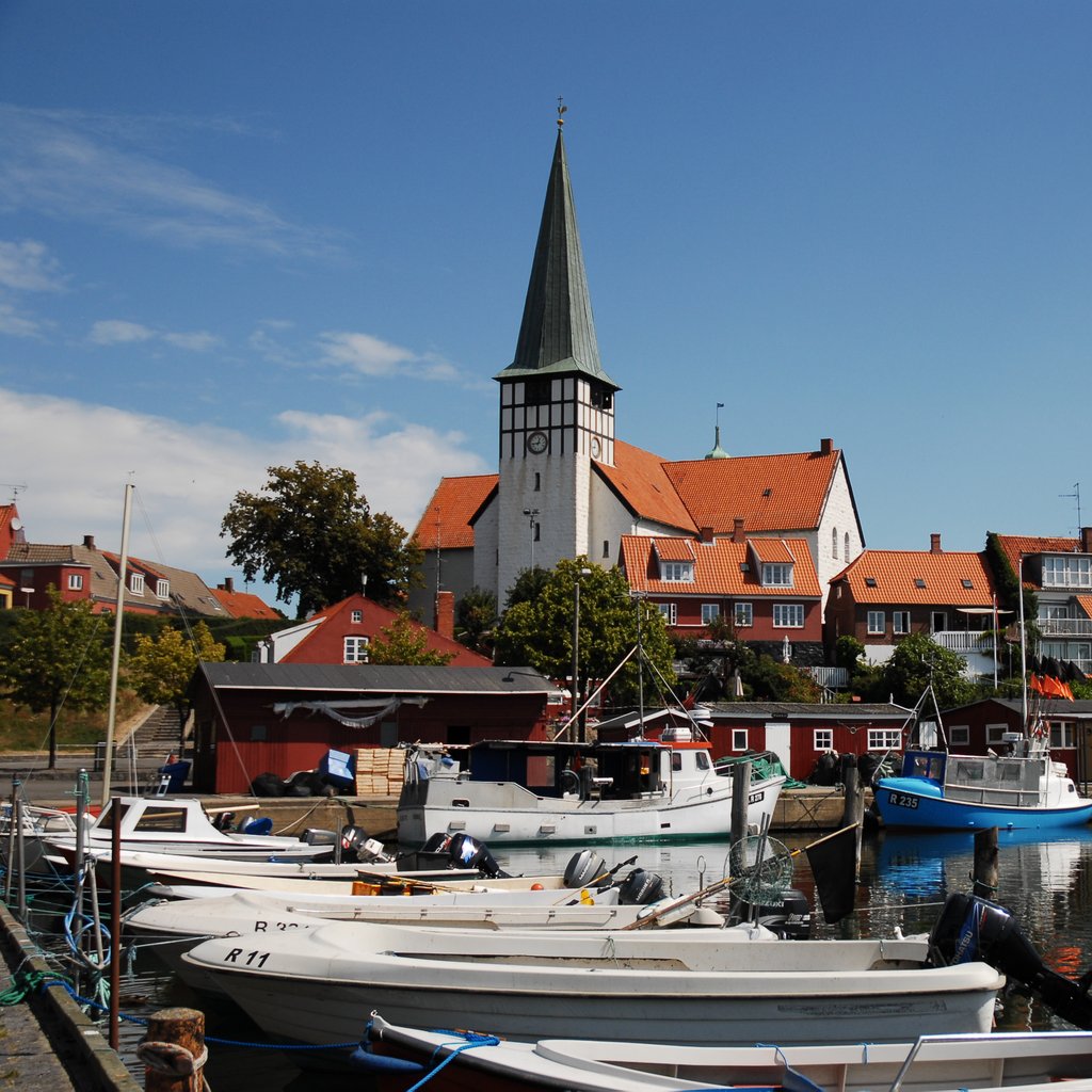 Sct. Nicolai Kirke as seen from the harbor of Rønne, Bornholm, Denmark, Northern Europe.