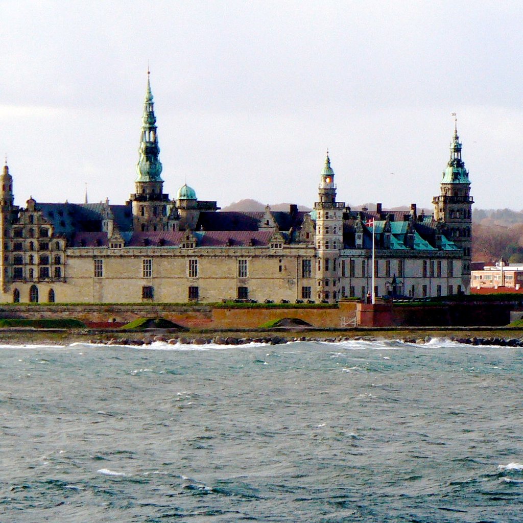 Helsingør / Elsinore viewed from sea side. Visible from left  : Sct Olav Cathedral, Hammershøj Care Centre by  Jørn Utzon and Kronborg Castle,
