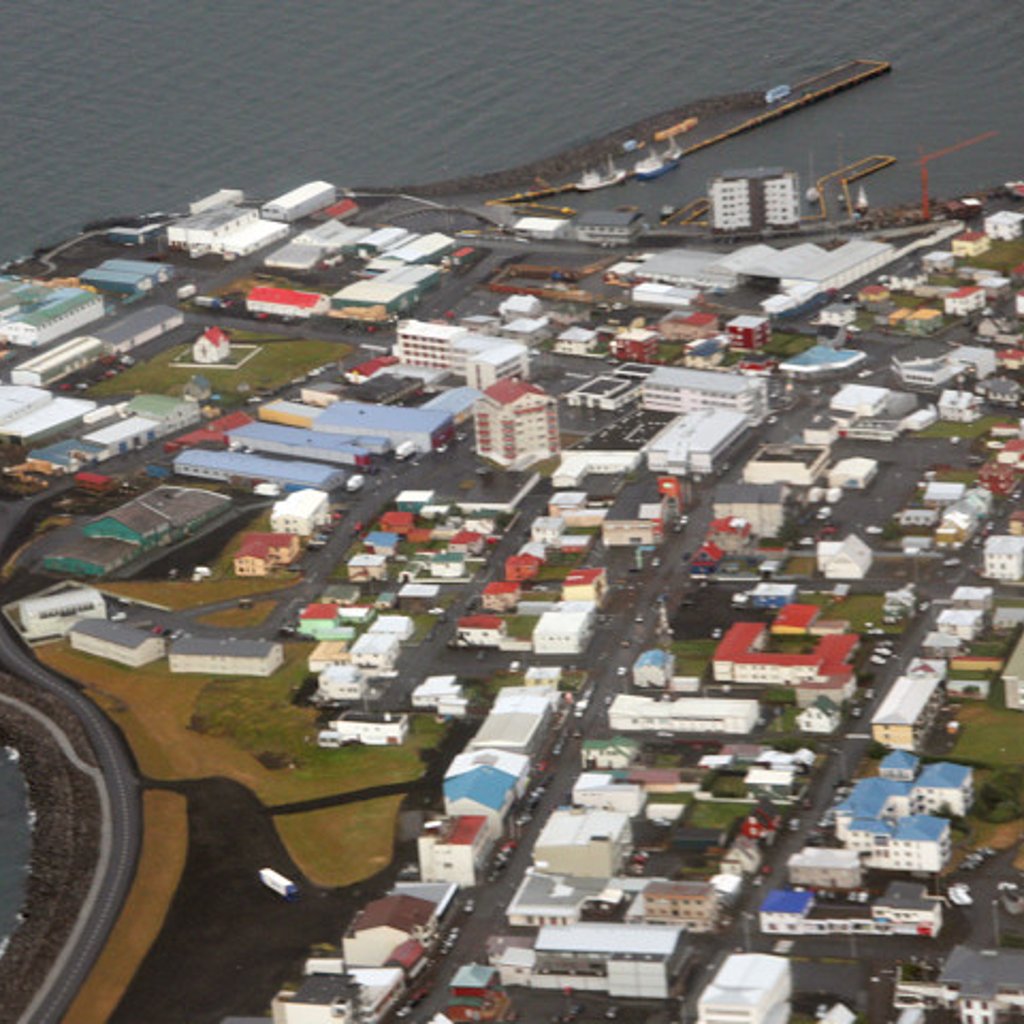 Keflavik in Reykjanesbaer as seen from a plane taking off from Keflavik Airport.