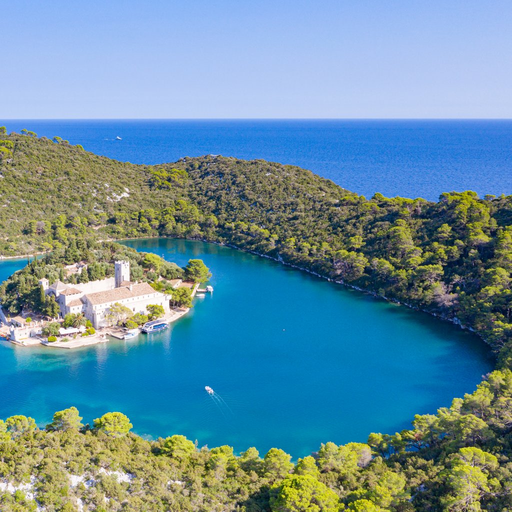 Aerial view of St. Mary Island in Mljet National Park, Croatia